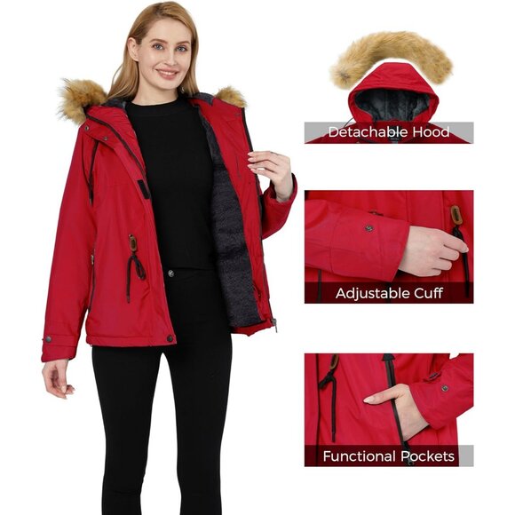 Women's Waterproof Red Snow Ski Jacket Hooded Coat Snowboarding Fleece - Picture 5 of 5